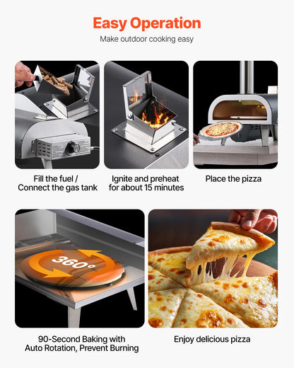 Dual Fuel Pizza Oven Outdoor, 12 in Wood Fire & Propane Gas Pizza Oven, Pellet & Propane Pizza-Maker with Thermometer, Iron Spray Electric Rotation Pizza-Cook for Outside Camping & Backyard