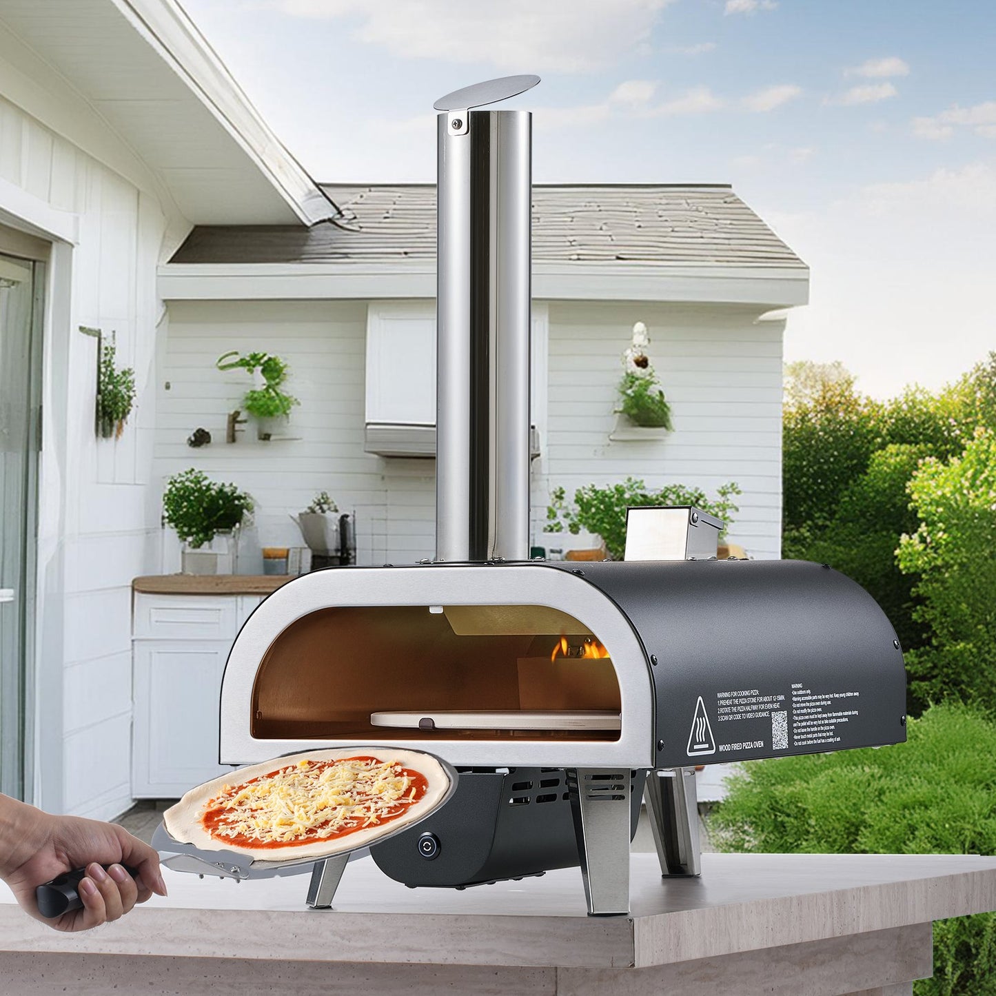 Dual Fuel Pizza Oven Outdoor, 12 in Wood Fire & Propane Gas Pizza Oven, Pellet & Propane Pizza-Maker with Thermometer, Iron Spray Electric Rotation Pizza-Cook for Outside Camping & Backyard