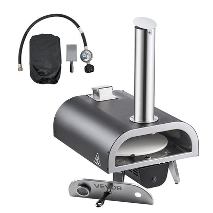 Dual Fuel Pizza Oven Outdoor, 12 in Wood Fire & Propane Gas Pizza Oven, Pellet & Propane Pizza-Maker with Thermometer, Iron Spray Electric Rotation Pizza-Cook for Outside Camping & Backyard