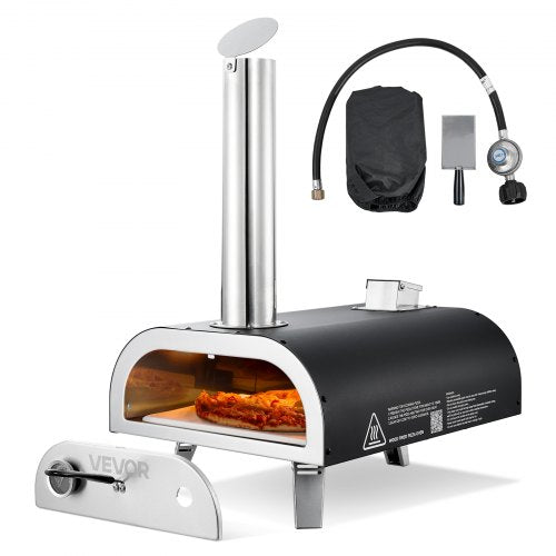 Dual Fuel Pizza Oven Outdoor, 12 in Wood Fire & Propane Gas Pizza Oven, Portable Pellet & Propane Pizza-Maker with Thermometer, Iron Spray Black Shell Pizza-Cook for Outside Camping & Backyard