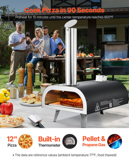 Dual Fuel Pizza Oven Outdoor, 12 in Wood Fire & Propane Gas Pizza Oven, Portable Pellet & Propane Pizza-Maker with Thermometer, Iron Spray Black Shell Pizza-Cook for Outside Camping & Backyard