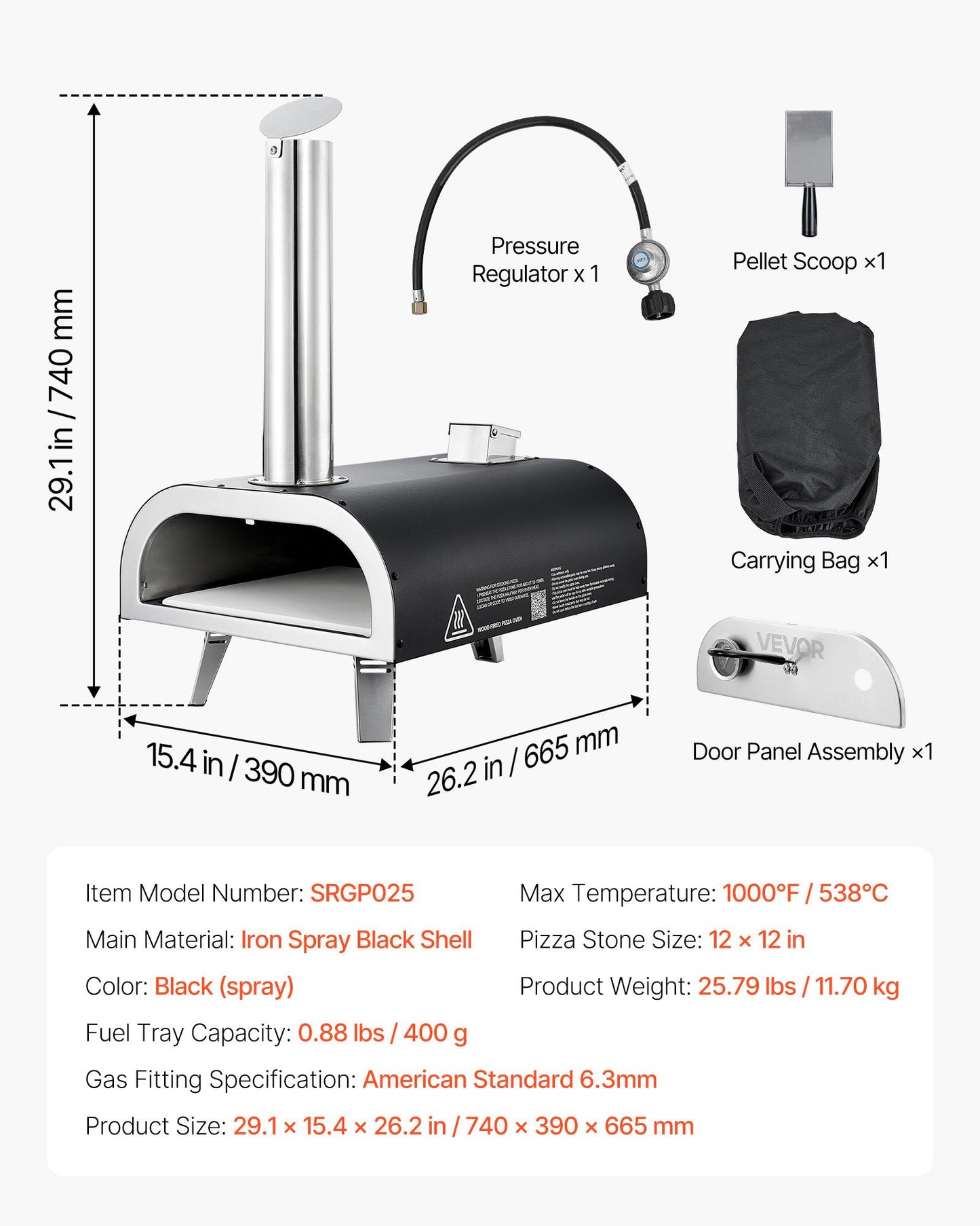 Dual Fuel Pizza Oven Outdoor, 12 in Wood Fire & Propane Gas Pizza Oven, Portable Pellet & Propane Pizza-Maker with Thermometer, Iron Spray Black Shell Pizza-Cook for Outside Camping & Backyard