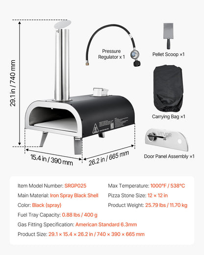 Dual Fuel Pizza Oven Outdoor, 12 in Wood Fire & Propane Gas Pizza Oven, Portable Pellet & Propane Pizza-Maker with Thermometer, Iron Spray Black Shell Pizza-Cook for Outside Camping & Backyard