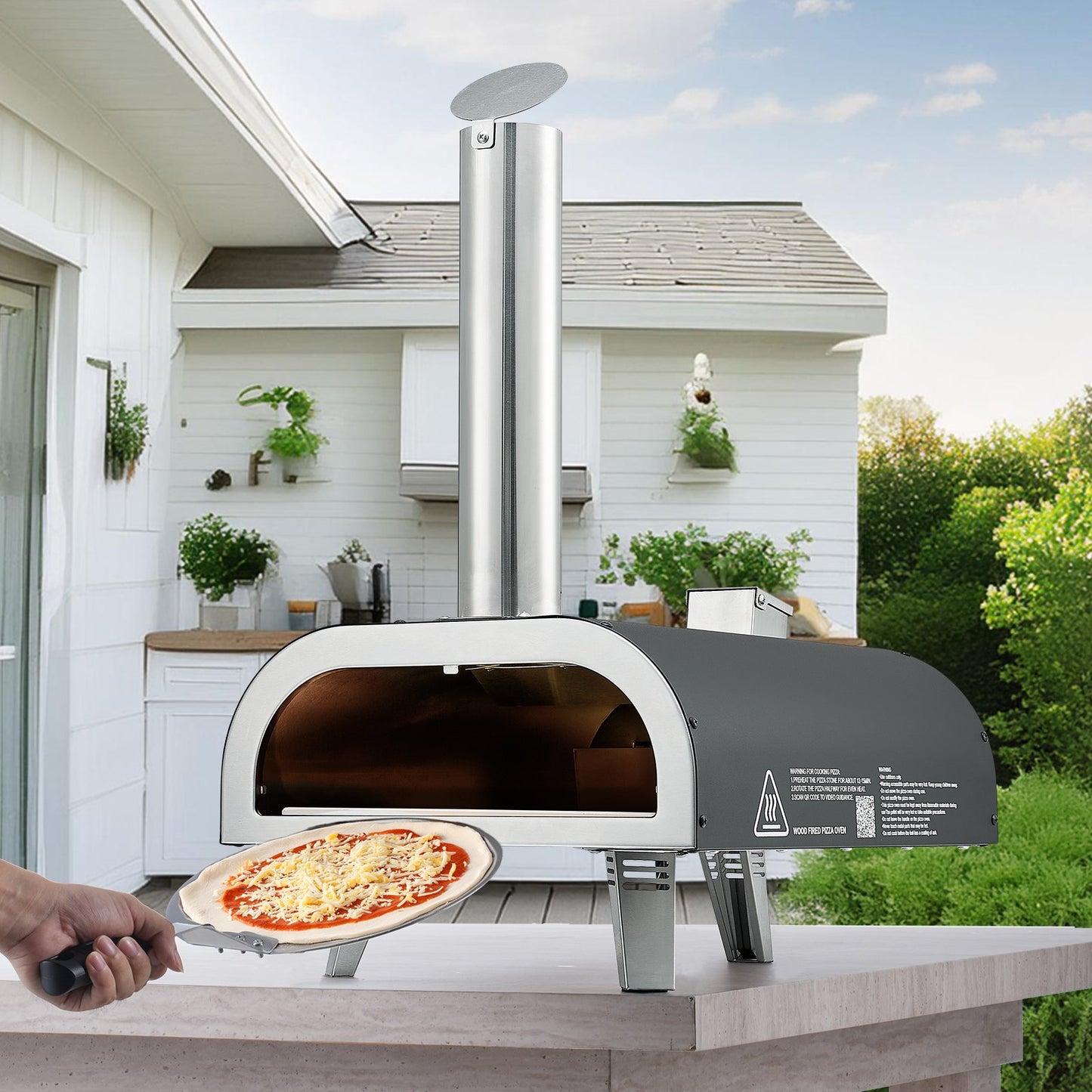 Dual Fuel Pizza Oven Outdoor, 12 in Wood Fire & Propane Gas Pizza Oven, Portable Pellet & Propane Pizza-Maker with Thermometer, Iron Spray Black Shell Pizza-Cook for Outside Camping & Backyard