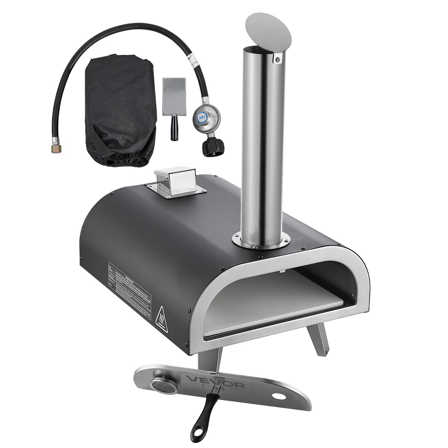 Dual Fuel Pizza Oven Outdoor, 12 in Wood Fire & Propane Gas Pizza Oven, Portable Pellet & Propane Pizza-Maker with Thermometer, Iron Spray Black Shell Pizza-Cook for Outside Camping & Backyard