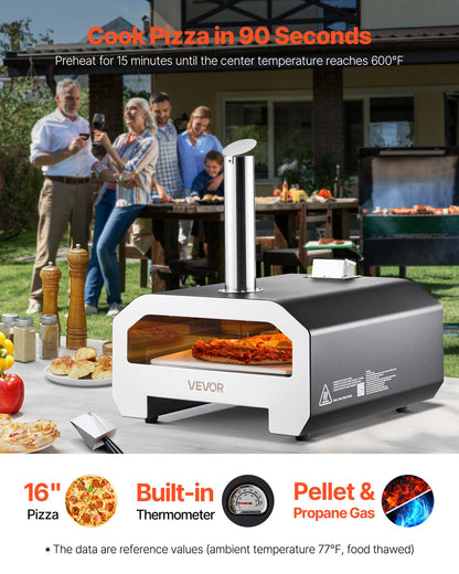 Dual Fuel Pizza Oven Outdoor, 16 in Wood Fire & Propane Gas Pizza Oven, Portable Pellet & Propane Pizza-Maker with Thermometer, Iron Spray Black Shell Pizza-Cook for Outside Camping & Backyard