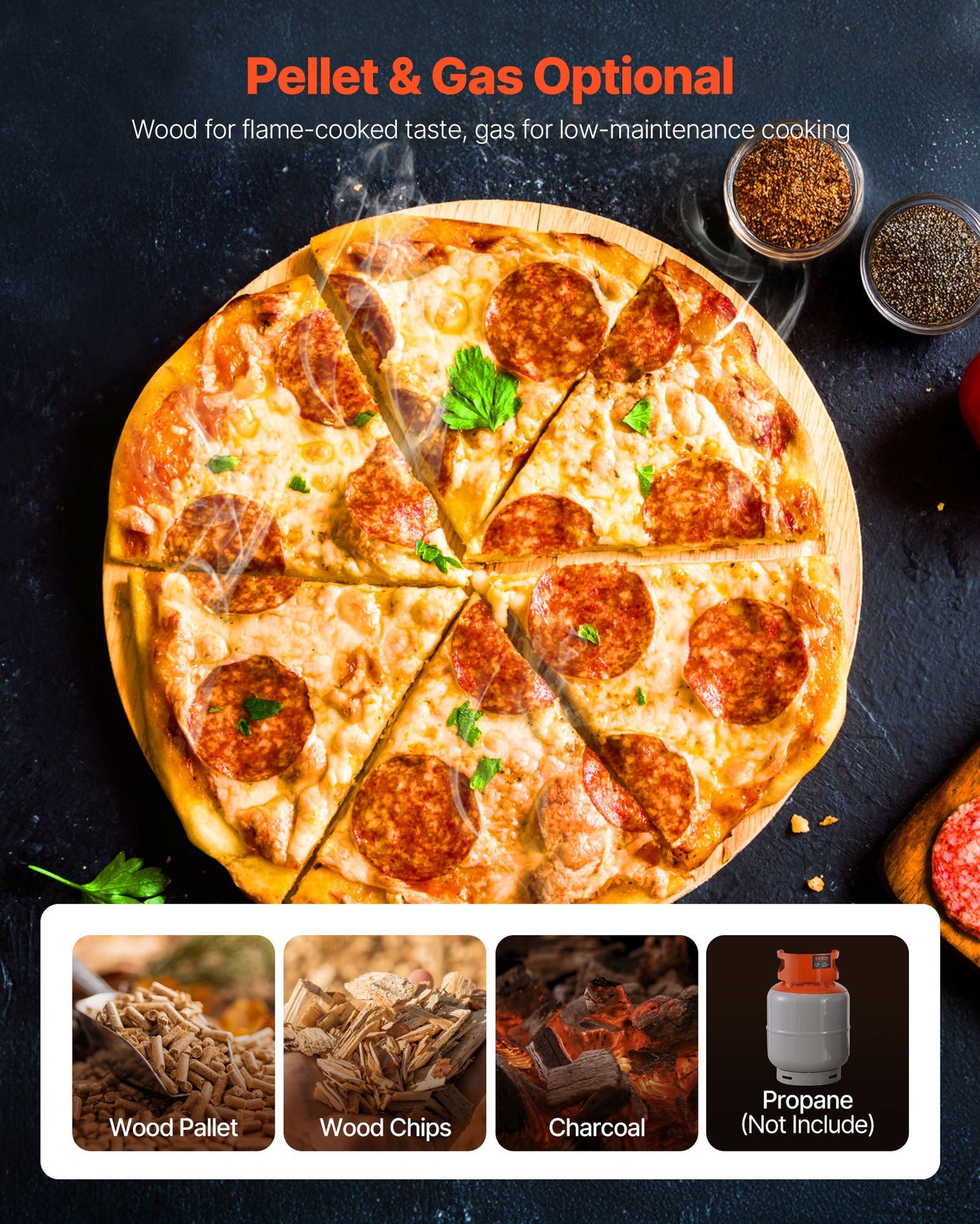 Dual Fuel Pizza Oven Outdoor, 16 in Wood Fire & Propane Gas Pizza Oven, Portable Pellet & Propane Pizza-Maker with Thermometer, Iron Spray Black Shell Pizza-Cook for Outside Camping & Backyard