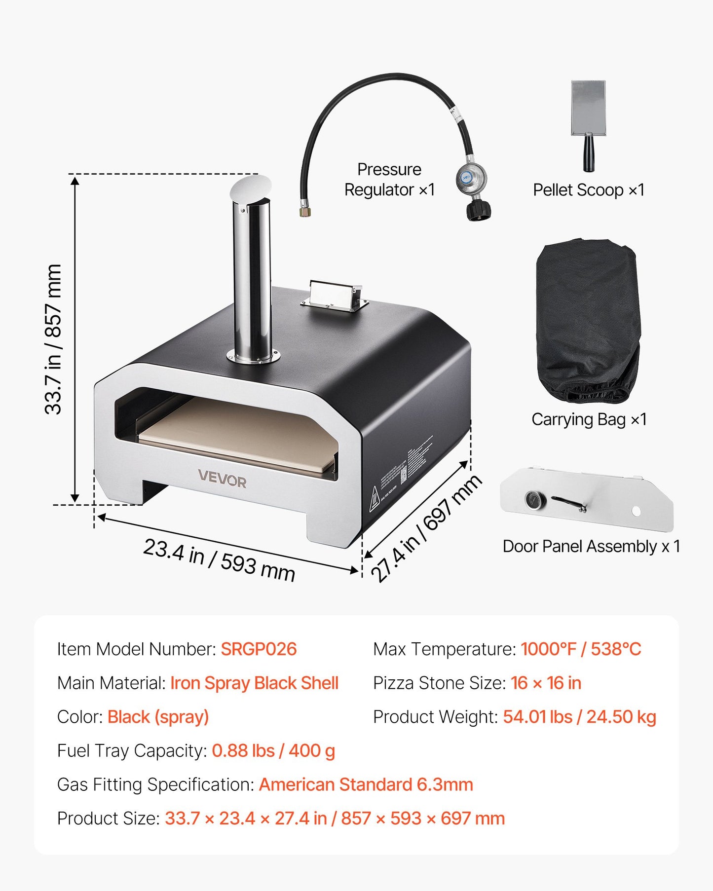 Dual Fuel Pizza Oven Outdoor, 16 in Wood Fire & Propane Gas Pizza Oven, Portable Pellet & Propane Pizza-Maker with Thermometer, Iron Spray Black Shell Pizza-Cook for Outside Camping & Backyard