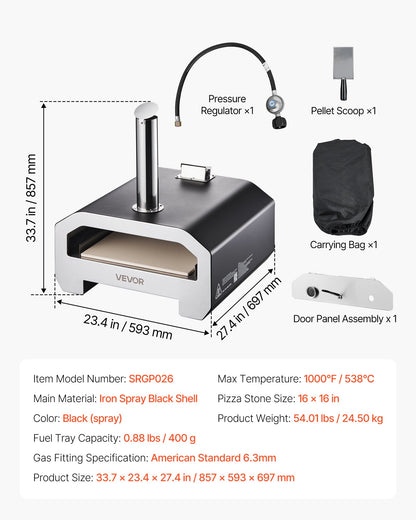 Dual Fuel Pizza Oven Outdoor, 16 in Wood Fire & Propane Gas Pizza Oven, Portable Pellet & Propane Pizza-Maker with Thermometer, Iron Spray Black Shell Pizza-Cook for Outside Camping & Backyard