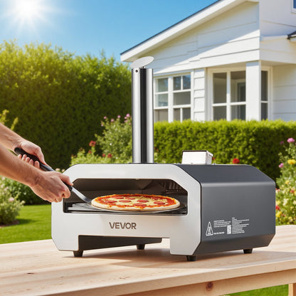 Dual Fuel Pizza Oven Outdoor, 16 in Wood Fire & Propane Gas Pizza Oven, Portable Pellet & Propane Pizza-Maker with Thermometer, Iron Spray Black Shell Pizza-Cook for Outside Camping & Backyard