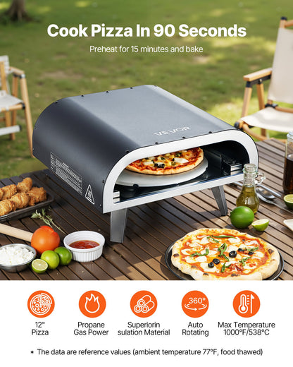 Outdoor Pizza Oven, 12 in Propane Gas Pizza Maker, Portable Pizza-Cooker with Electric Rotation, Thickened Pizza-Stone, Carry Bag, Propane Pizza-Oven for Outside Backyard Patio Camping, Black
