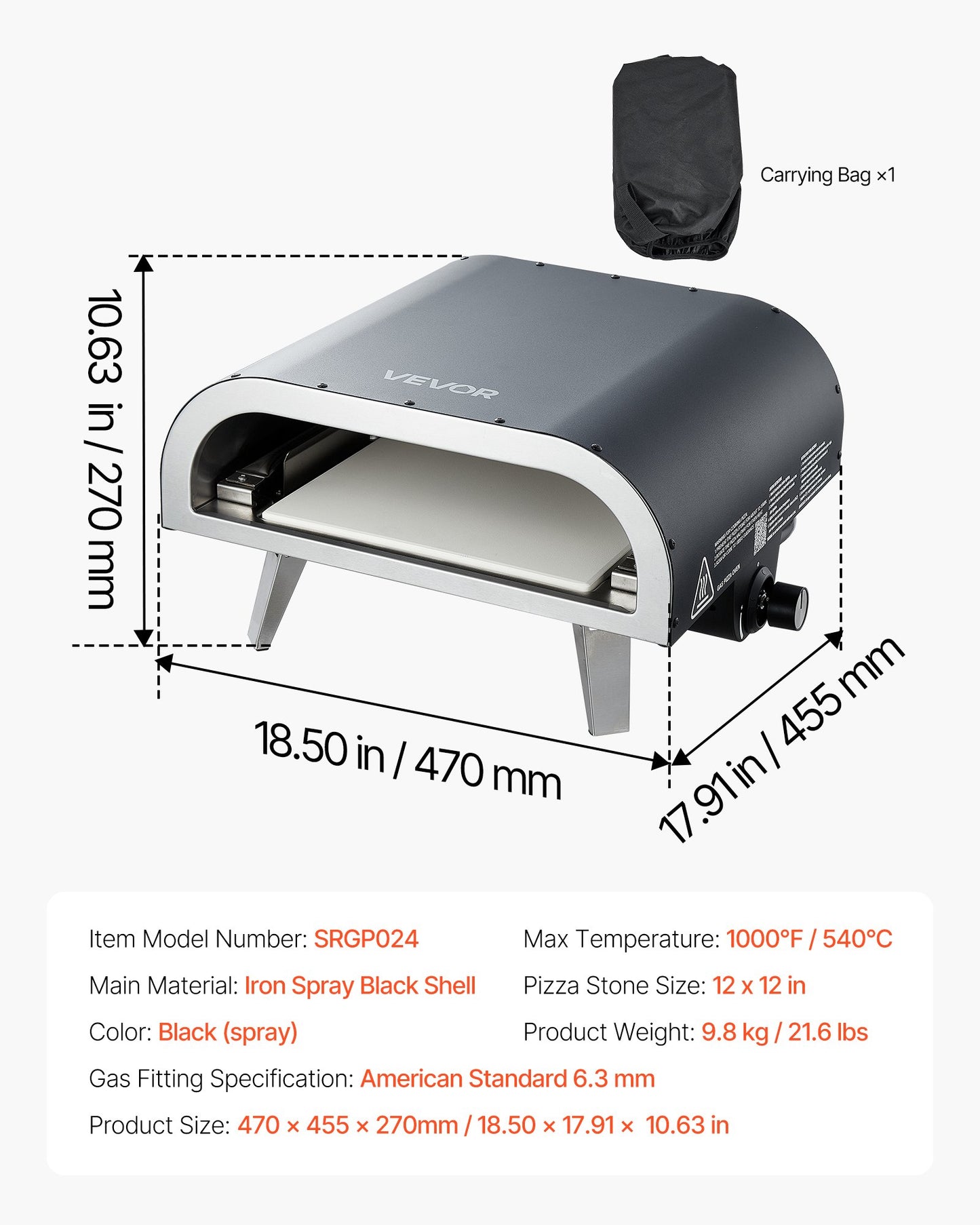Propane Outdoor Pizza Oven, 12 Inch Gas Pizza Maker, Portable Pizza-Cooker with Thickened Pizza-Stone, Carry Bag, Pizza-Oven for Outside Backyard Patio Camping, Black