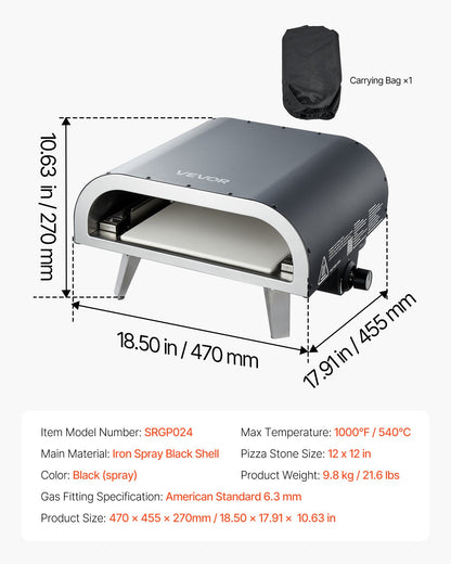 Propane Outdoor Pizza Oven, 12 Inch Gas Pizza Maker, Portable Pizza-Cooker with Thickened Pizza-Stone, Carry Bag, Pizza-Oven for Outside Backyard Patio Camping, Black