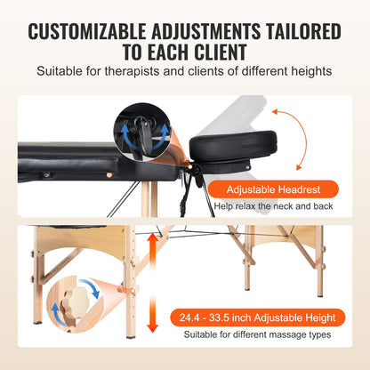 Portable Massage Table 24" W, 2 Folding Lightweight Massage Table, 8-Level Height Adjustable Salon Tattoo Bed, Spa Table with Headrest, Armrests, Hand Pallet & Carrying Bag, 600LBS