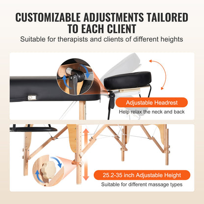 Professional Wide Massage Table 30" W, Heavy Duty Folding Massage Table, 8-Level Height Adjustable Facial Salon Tattoo Bed, Portable Spa Table with Headrest, Hand Pallet & Carrying Bag, 750LBS
