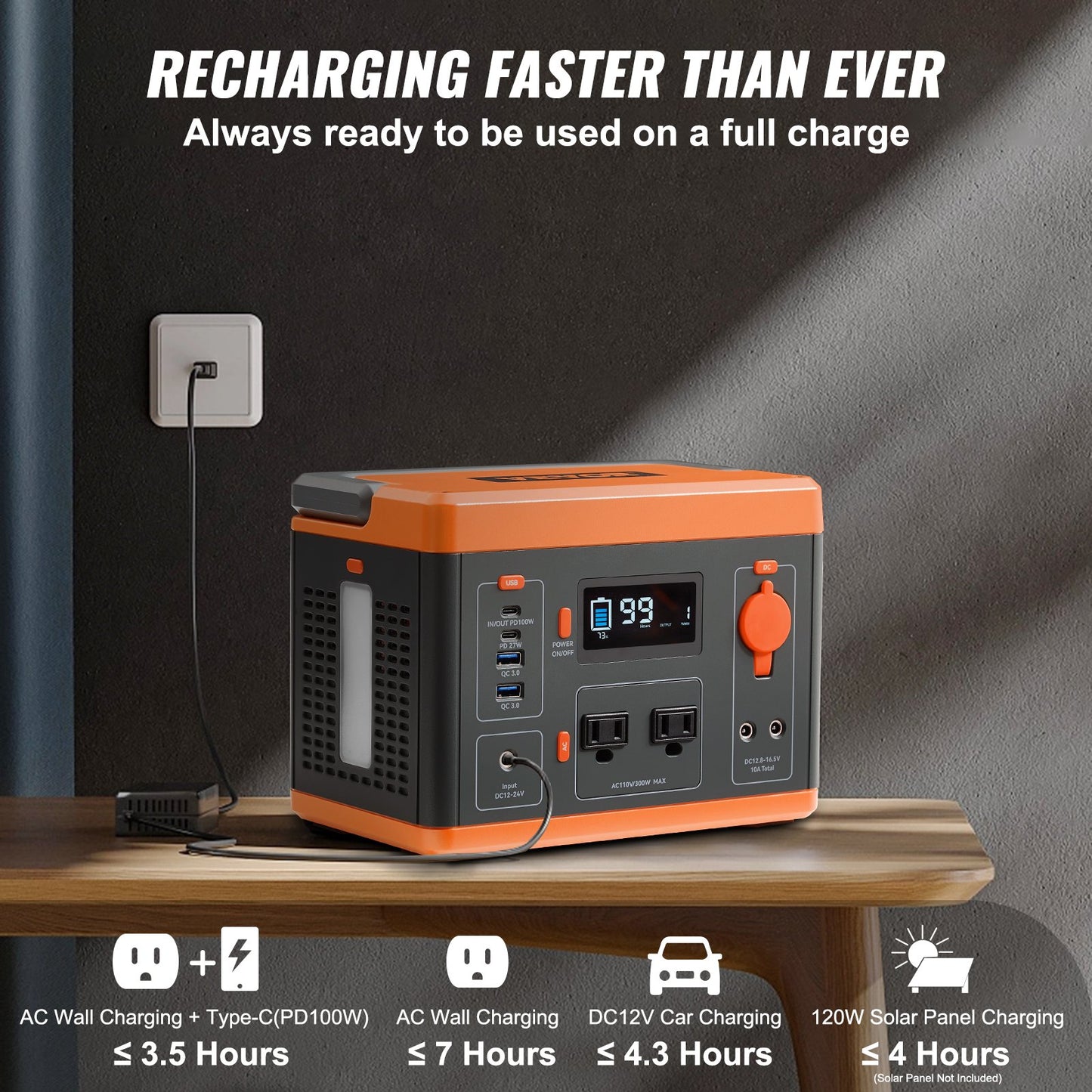 Portable Power Station, 296Wh, Backup Lithium-ion Battery Solar Powered Generator, 300W(Peak Power 600W) Pure Sine Wave AC Outlet, USB QC3.0 LED Light, for Outdoors Camping Travel Home Emergency