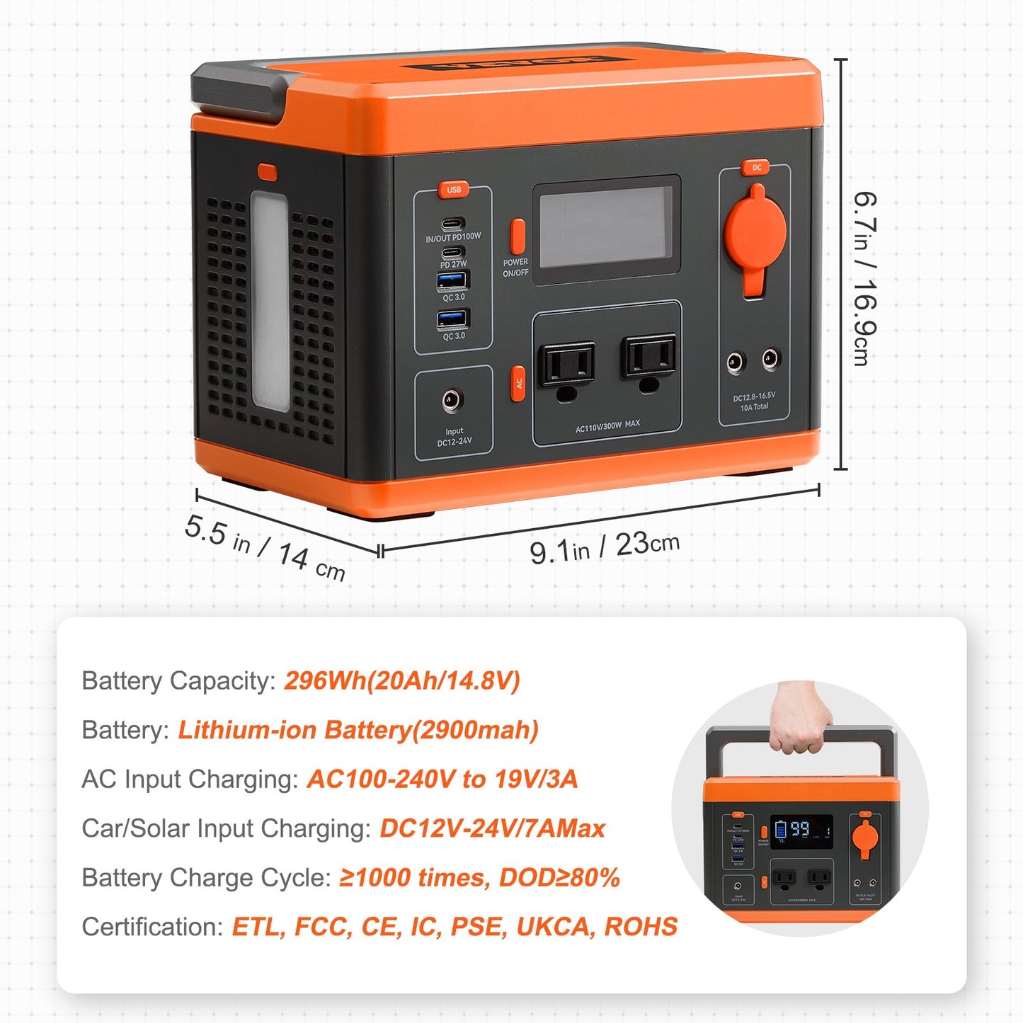 Portable Power Station, 296Wh, Backup Lithium-ion Battery Solar Powered Generator, 300W(Peak Power 600W) Pure Sine Wave AC Outlet, USB QC3.0 LED Light, for Outdoors Camping Travel Home Emergency