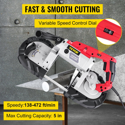 Cordless Band Saw, 5-Inch Cut Capacity, Variable Speed, Handheld, 10A Motor, for Metal, Wood, Tubing, Pipes, Rebar, Plastic