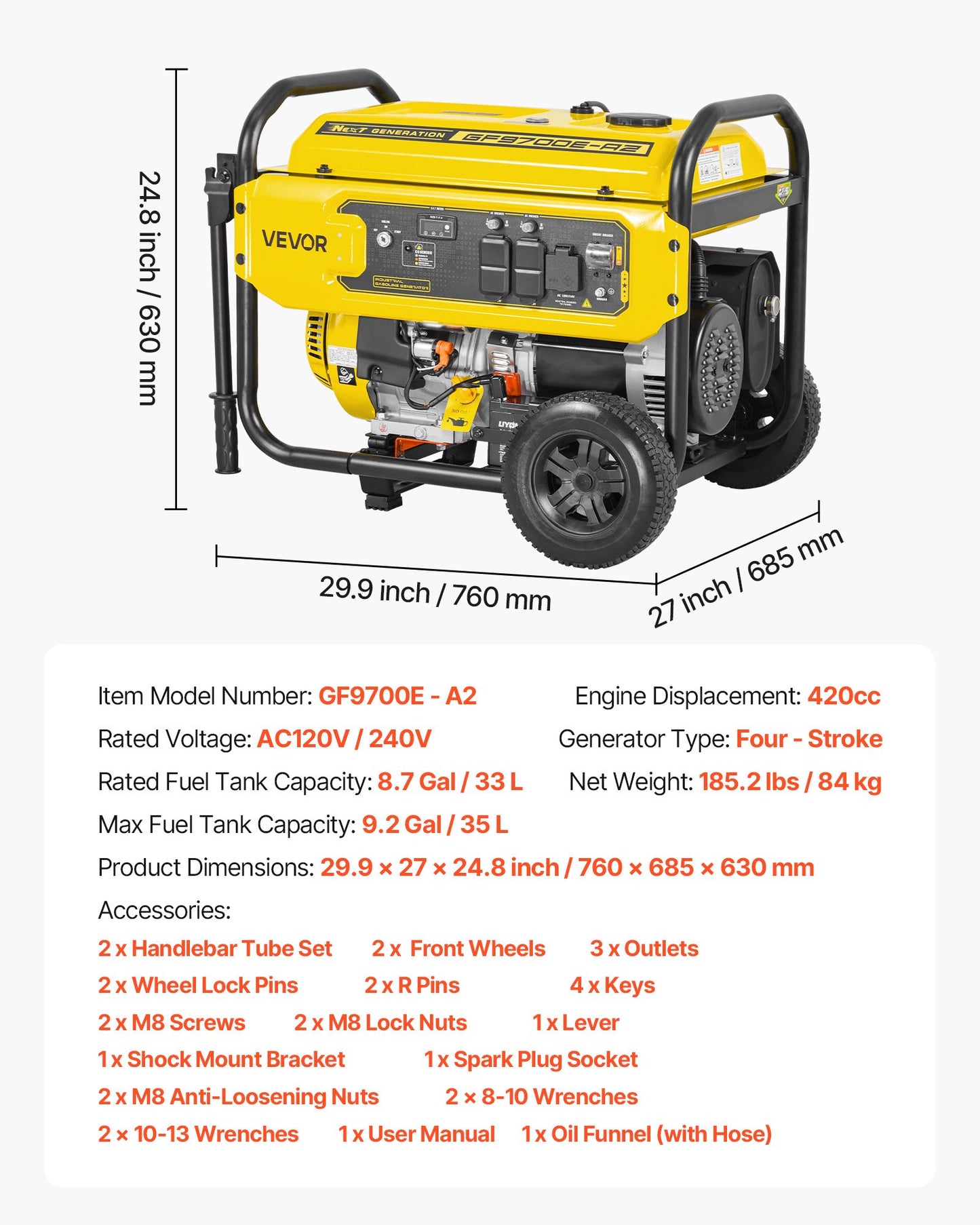 Portable Generator, 9625W Peak Watt Home Generator, Backup Generators for Home with Foldable Handle, Electric Start, Gas Powered, CO Sensor, RV & Emergency Ready 30A & 20A Outlets, AVR