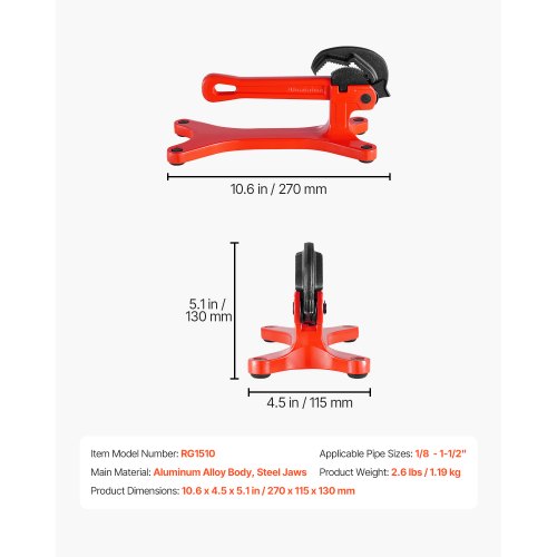 Rörskruvstäd Bärbar lättviktsrörskruv i aluminium 1/8" till 1-1/2" Kapacitet |  EU