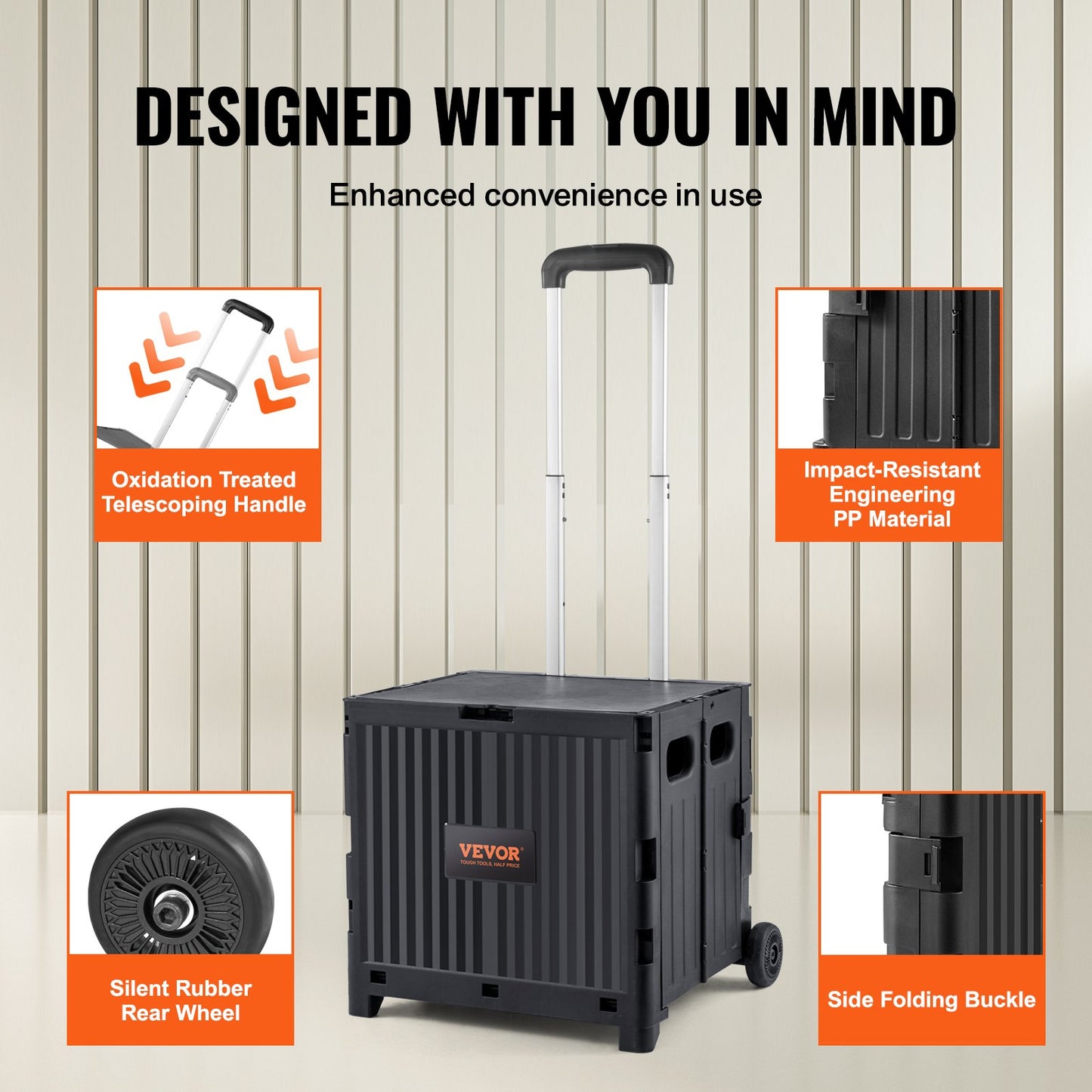 Foldable Utility Cart, 80 lbs Load Capacity, Folding Portable Rolling Crate Handcart with Durable Heavy Duty Telescoping Handle and 2 Wheels for Travel Shopping Moving Luggage Office Use, Black