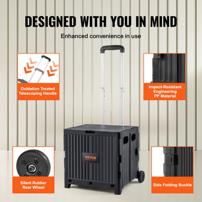 Foldable Utility Cart, 80 lbs Load Capacity, Folding Portable Rolling Crate Handcart with Durable Heavy Duty Telescoping Handle and 2 Wheels for Travel Shopping Moving Luggage Office Use, Black