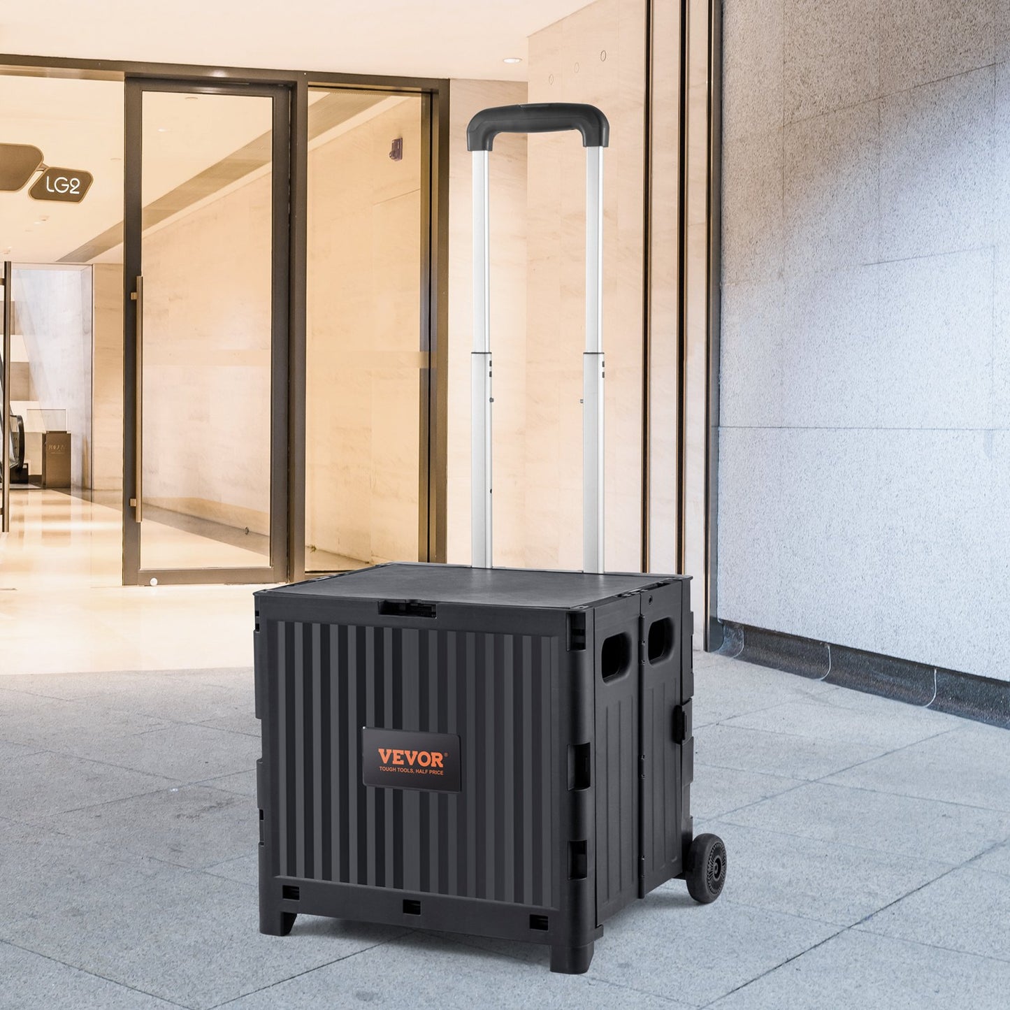 Foldable Utility Cart, 80 lbs Load Capacity, Folding Portable Rolling Crate Handcart with Durable Heavy Duty Telescoping Handle and 2 Wheels for Travel Shopping Moving Luggage Office Use, Black