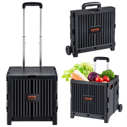 Foldable Utility Cart, 80 lbs Load Capacity, Folding Portable Rolling Crate Handcart with Durable Heavy Duty Telescoping Handle and 2 Wheels for Travel Shopping Moving Luggage Office Use, Black