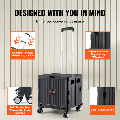 Foldable Utility Cart, 110 lbs Load Capacity, Collapsible Portable Rolling Box Hand Cart with Heavy Duty Telescopic Handle and 4 Swivel Wheels for Travel Shopping Moving Luggage Office Use, Black