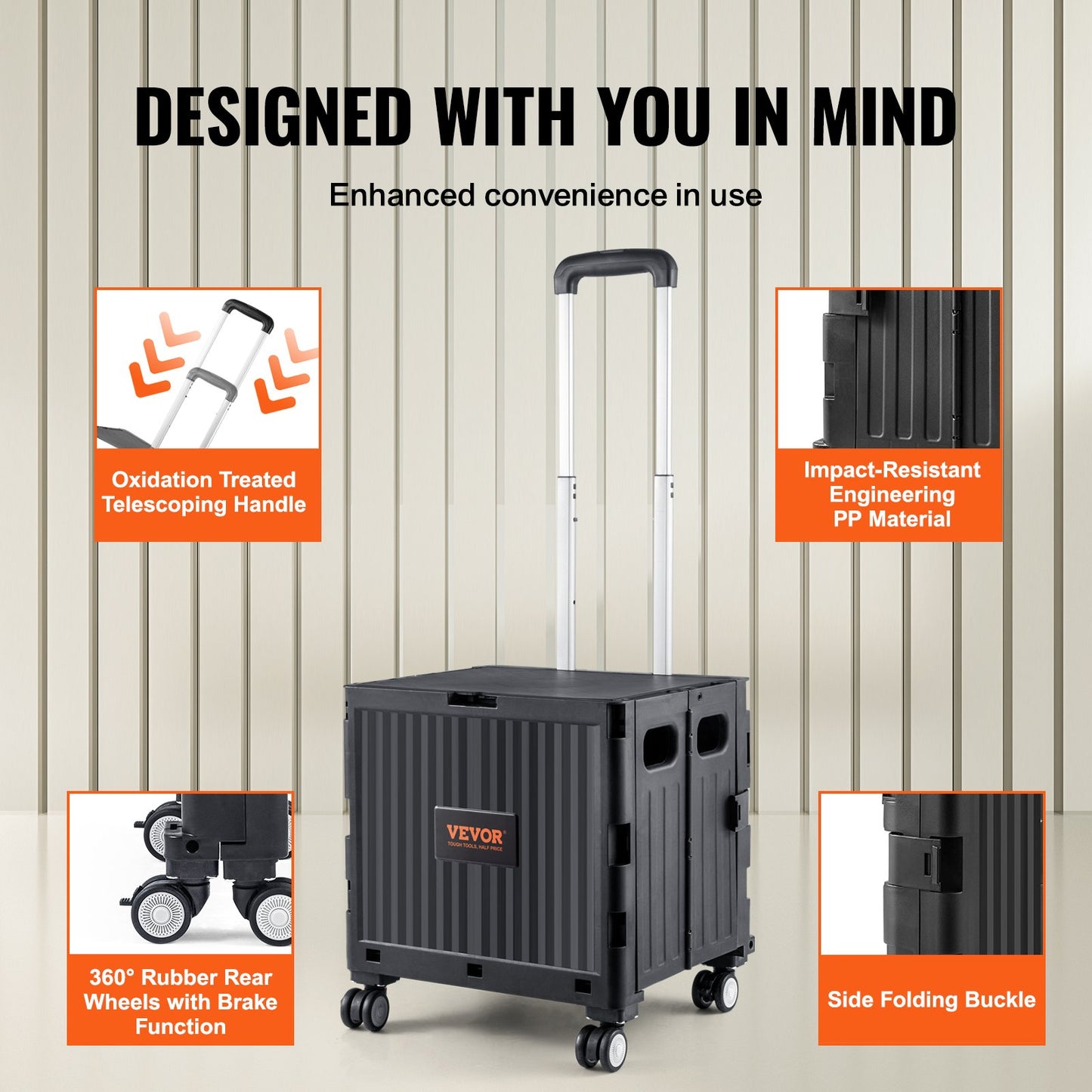 Foldable Utility Cart, 110 lbs Load Capacity, Folding Portable Rolling Crate Handcart with Heavy Duty Telescoping Handle and 4 Rotate Wheels for Travel Shopping Moving Luggage Office Use, Black