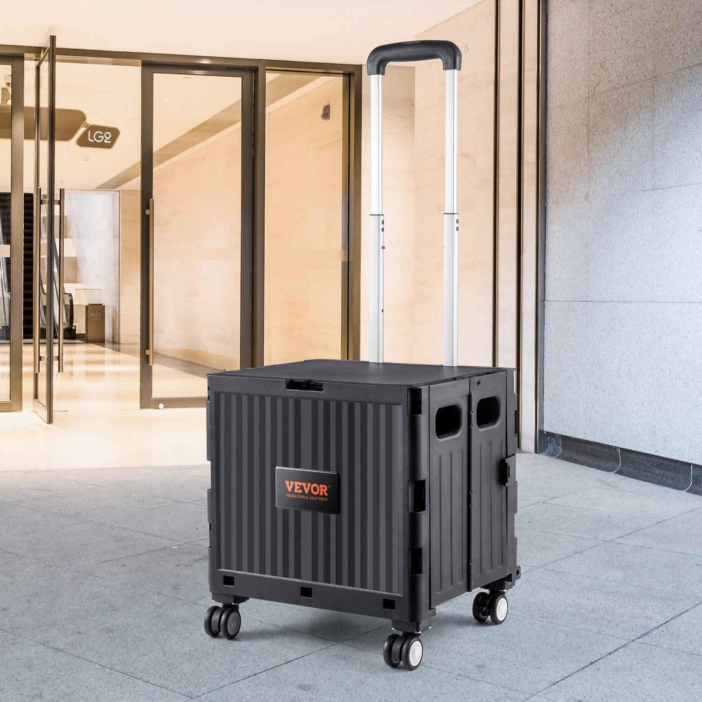 Foldable Utility Cart, 110 lbs Load Capacity, Folding Portable Rolling Crate Handcart with Heavy Duty Telescoping Handle and 4 Rotate Wheels for Travel Shopping Moving Luggage Office Use, Black