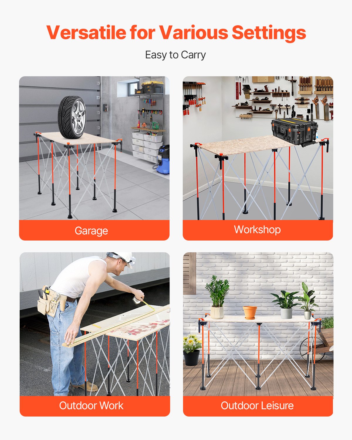 Portable Folding Workstand, 4.16 x 2.18 ft Collapsible Workbench, 2500 lbs Weight Capacity, No Assembly Foldable Work Stand with Storage Bag, Table Top NOT Included, for Garage Workshop Outdoor
