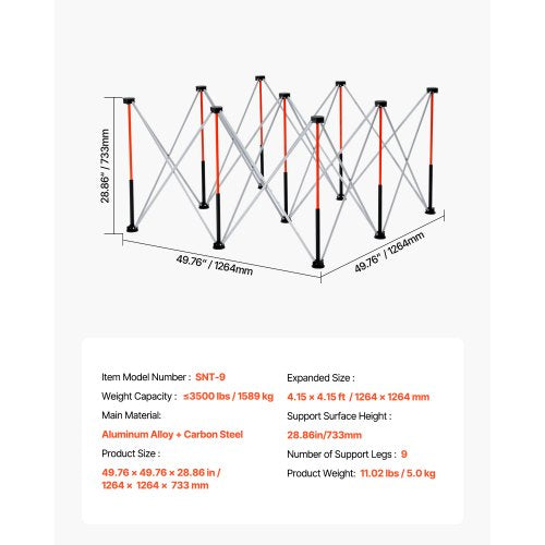 Bärbart hopfällbart arbetsställ 1264 x 1264 mm Hopfällbart arbetsställ 1589 kg