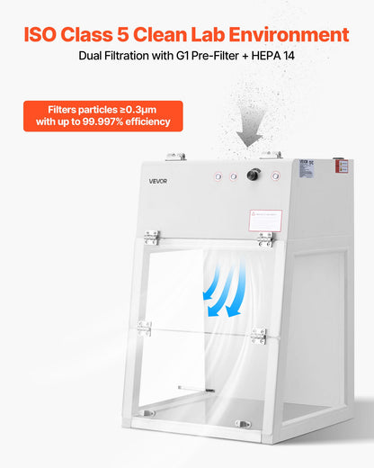 Laminar Flow Hood, 20.08 x 20.47 x 23.62 inch Working Area Portable Clean Room, Meets ISO Class 5 Clean Room Standards, with HEPA-14 Filter and G1 Pre-Filter, for Medical and Laboratory Use