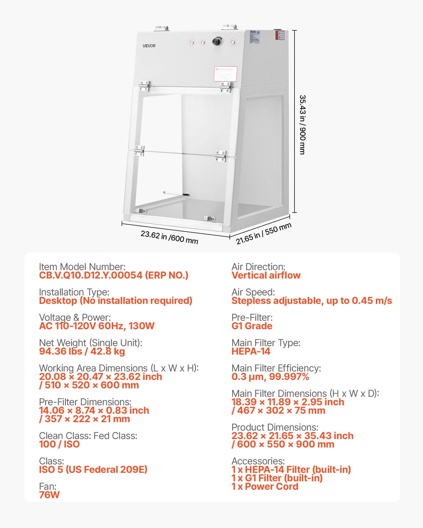 Laminar Flow Hood, 20.08 x 20.47 x 23.62 inch Working Area Portable Clean Room, Meets ISO Class 5 Clean Room Standards, with HEPA-14 Filter and G1 Pre-Filter, for Medical and Laboratory Use