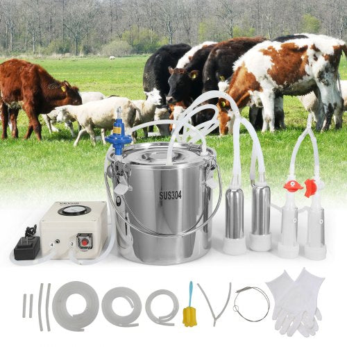 Goat Milking Machine, 12 L 304 Stainless Steel Bucket, Electric Automatic Pulsation Vacuum Milker, Portable Milker with Food-grade Silicone Cups and Tubes, Adjustable Suction for Cows and Sheep