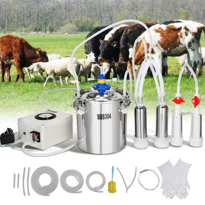 Goat Milking Machine, 6 L 304 Stainless Steel Bucket, Electric Automatic Pulsation Vacuum Milker, Portable Milker with Food-grade Silicone Cups and Tubes, Adjustable Suction for Cows and Sheep