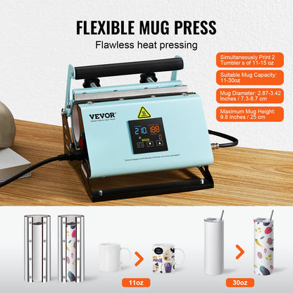 2 in 1 Tumbler and Hat Heat Press Machine, Mini Hat Heat Press for Caps and Hats, Tumbler Heat Press for 11-30oz Sublimation Tumblers and Mugs, Temperature and Time Control, Green