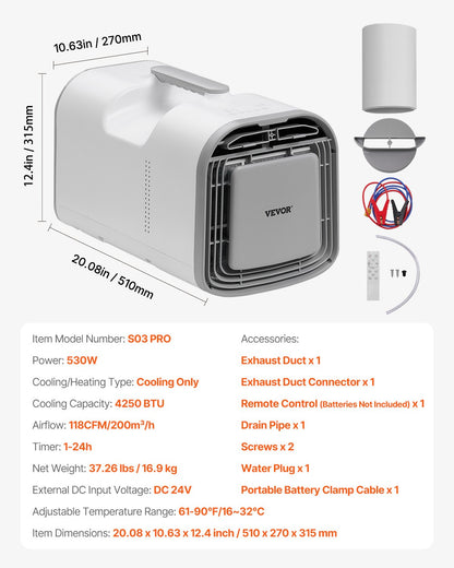 Portable Air Conditioner 4250BTU Tält Luftkonditionering AC/DC för camping