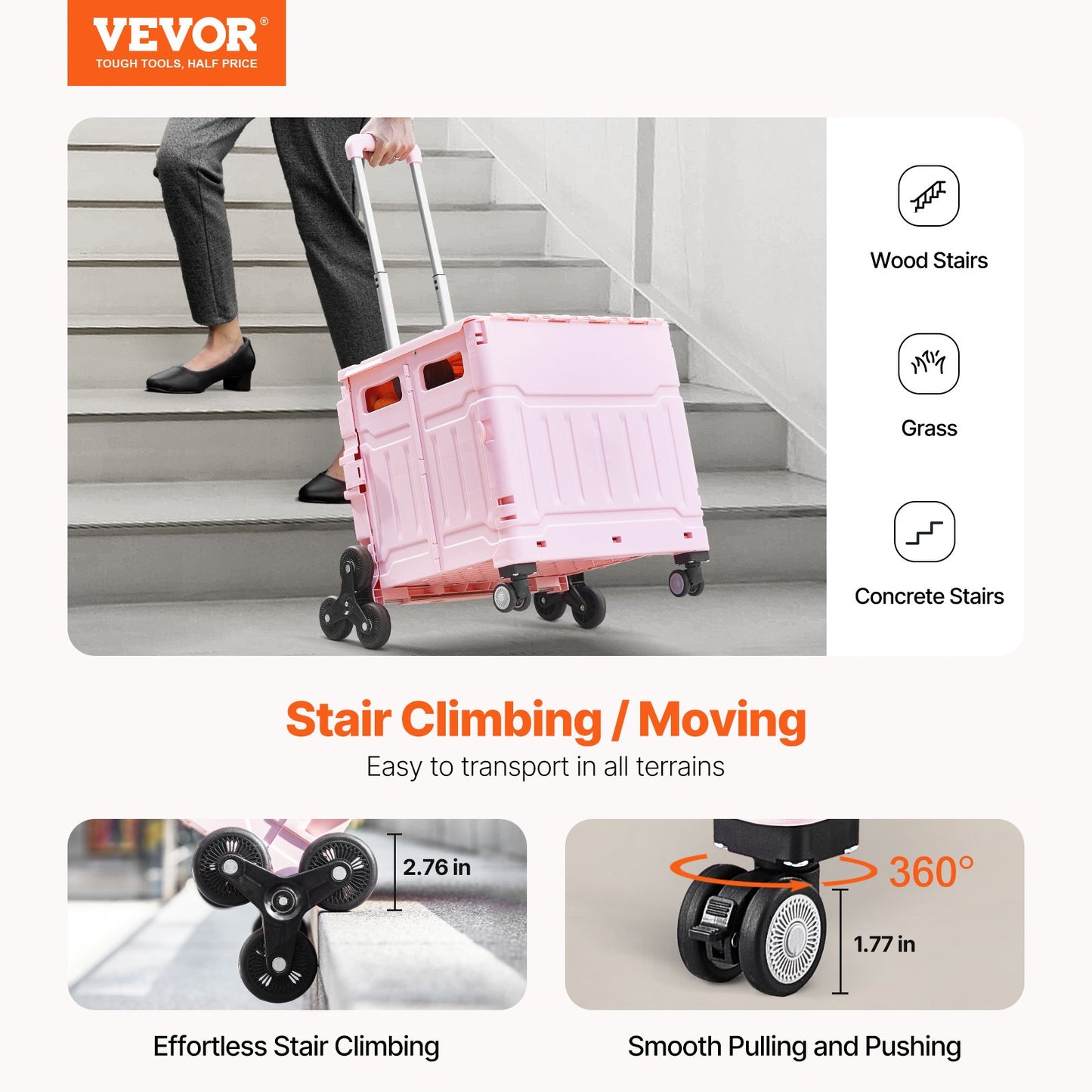 Foldable Utility Cart, 65L Collapsible Portable Crate Rolling Cart with Stair Climbing Wheels & 360° Swivel Wheels, Hand Cart with Telescoping Handle for Shopping Office Moving Teacher, Pink
