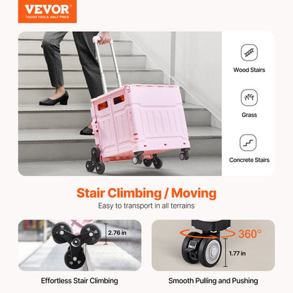Foldable Utility Cart, 65L Collapsible Portable Crate Rolling Cart with Stair Climbing Wheels & 360° Swivel Wheels, Hand Cart with Telescoping Handle for Shopping Office Moving Teacher, Pink