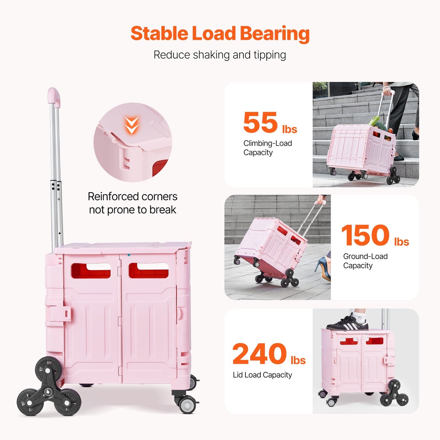 Foldable Utility Cart, 65L Collapsible Portable Crate Rolling Cart with Stair Climbing Wheels & 360° Swivel Wheels, Hand Cart with Telescoping Handle for Shopping Office Moving Teacher, Pink