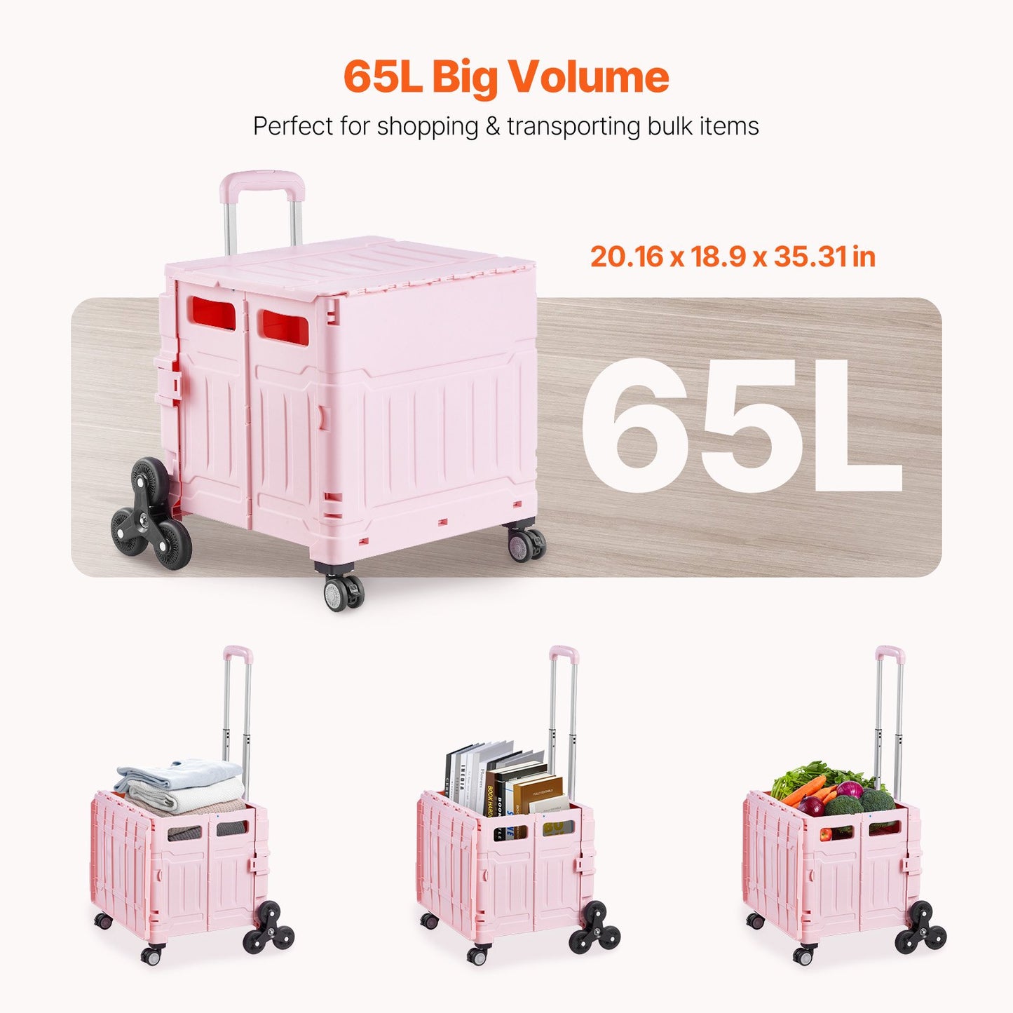 Foldable Utility Cart, 65L Collapsible Portable Crate Rolling Cart with Stair Climbing Wheels & 360° Swivel Wheels, Hand Cart with Telescoping Handle for Shopping Office Moving Teacher, Pink
