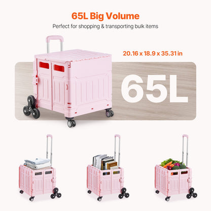 Foldable Utility Cart, 65L Collapsible Portable Crate Rolling Cart with Stair Climbing Wheels & 360° Swivel Wheels, Hand Cart with Telescoping Handle for Shopping Office Moving Teacher, Pink