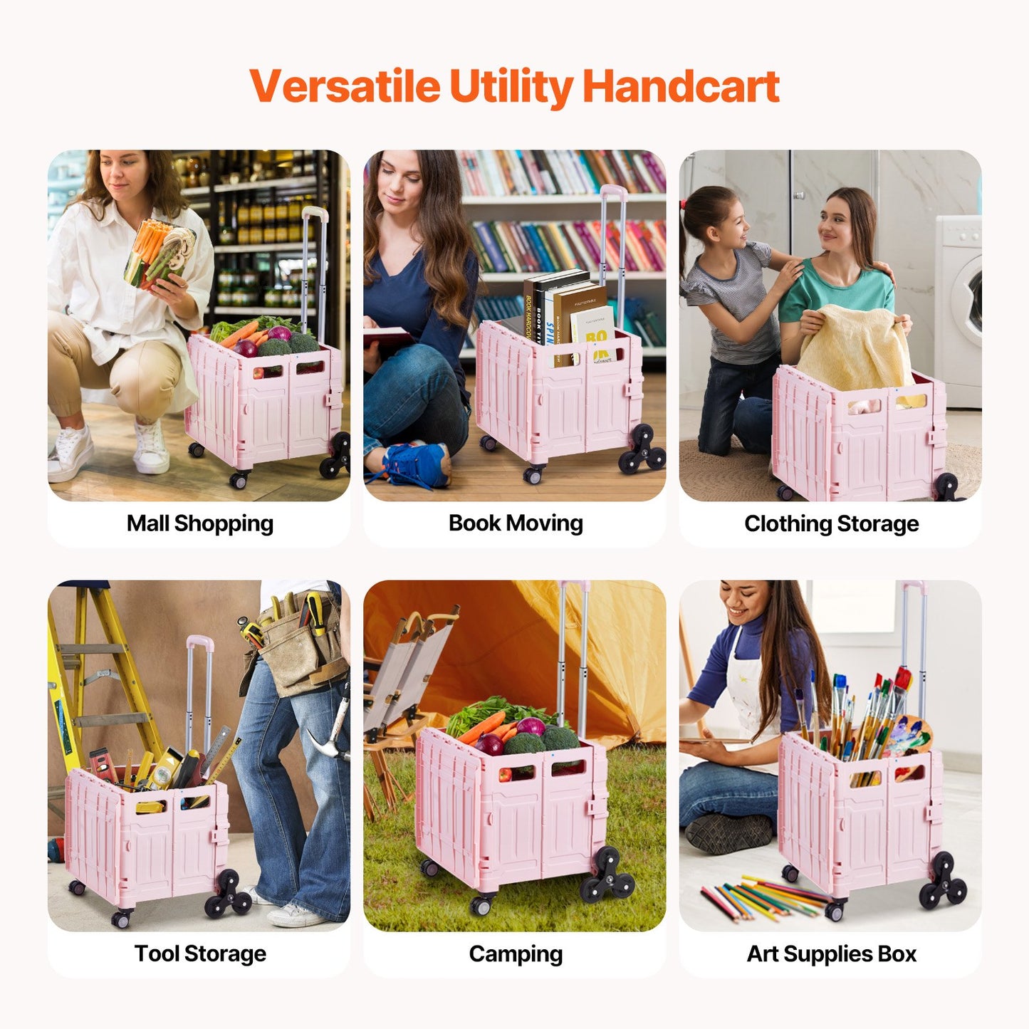 Foldable Utility Cart, 65L Collapsible Portable Crate Rolling Cart with Stair Climbing Wheels & 360° Swivel Wheels, Hand Cart with Telescoping Handle for Shopping Office Moving Teacher, Pink