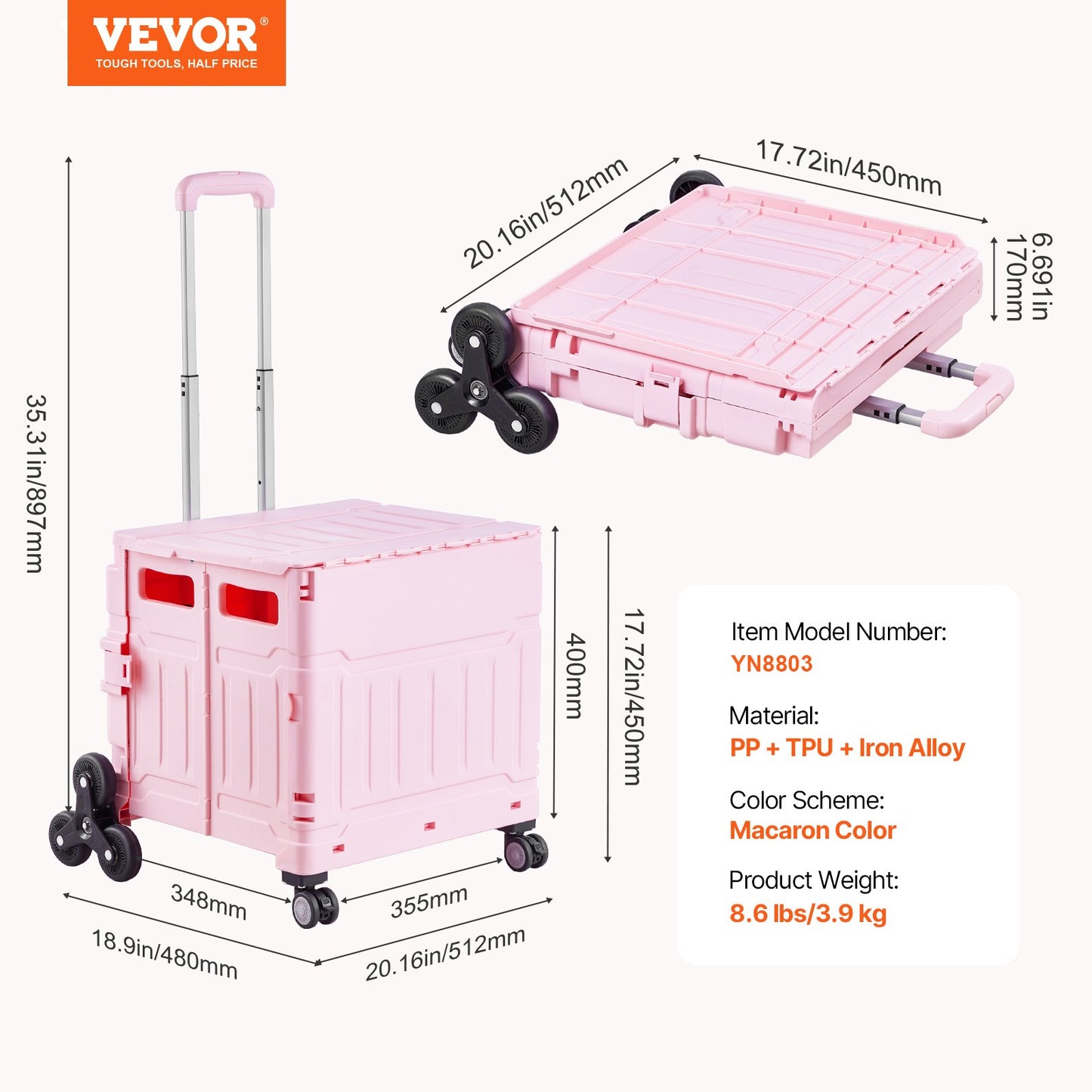 Foldable Utility Cart, 65L Collapsible Portable Crate Rolling Cart with Stair Climbing Wheels & 360° Swivel Wheels, Hand Cart with Telescoping Handle for Shopping Office Moving Teacher, Pink