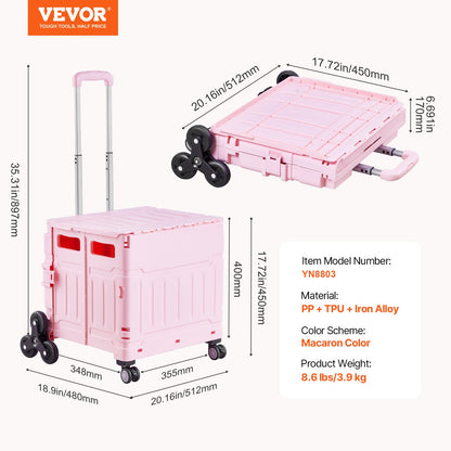 Foldable Utility Cart, 65L Collapsible Portable Crate Rolling Cart with Stair Climbing Wheels & 360° Swivel Wheels, Hand Cart with Telescoping Handle for Shopping Office Moving Teacher, Pink