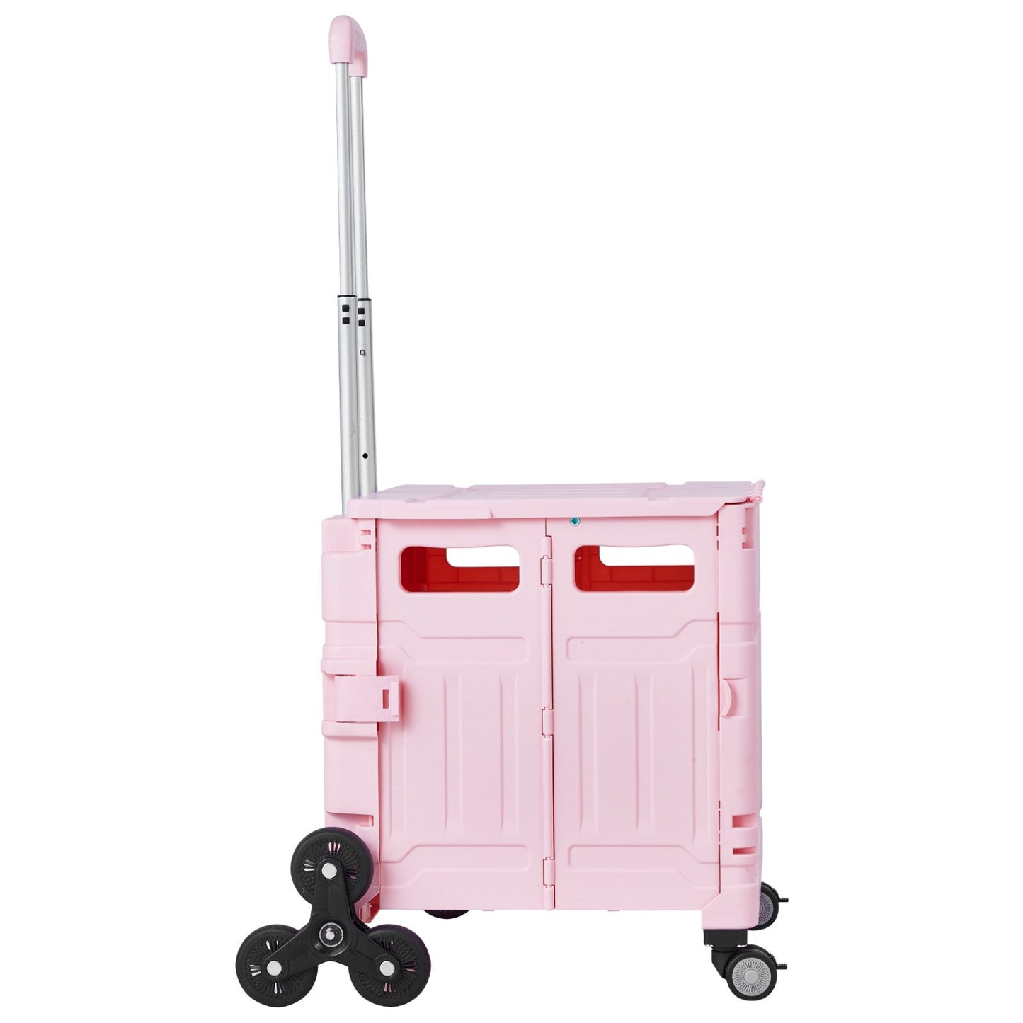 Foldable Utility Cart, 65L Collapsible Portable Crate Rolling Cart with Stair Climbing Wheels & 360° Swivel Wheels, Hand Cart with Telescoping Handle for Shopping Office Moving Teacher, Pink