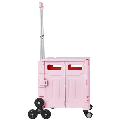 Foldable Utility Cart, 65L Collapsible Portable Crate Rolling Cart with Stair Climbing Wheels & 360° Swivel Wheels, Hand Cart with Telescoping Handle for Shopping Office Moving Teacher, Pink