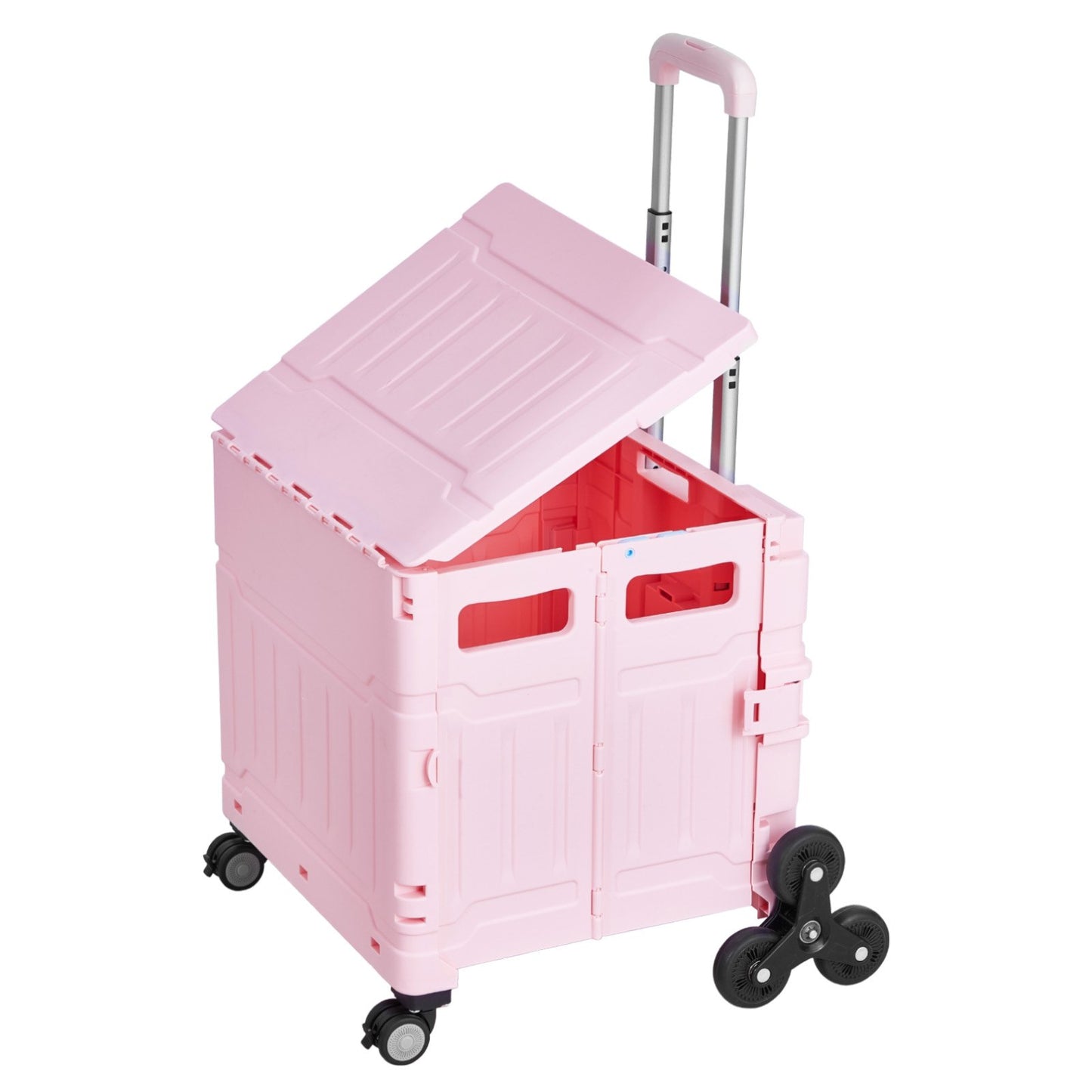 Foldable Utility Cart, 65L Collapsible Portable Crate Rolling Cart with Stair Climbing Wheels & 360° Swivel Wheels, Hand Cart with Telescoping Handle for Shopping Office Moving Teacher, Pink
